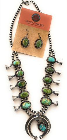 Navajo Sonoran Gold Turquoise Squash Blossom Necklace Set-Unique Jewelry