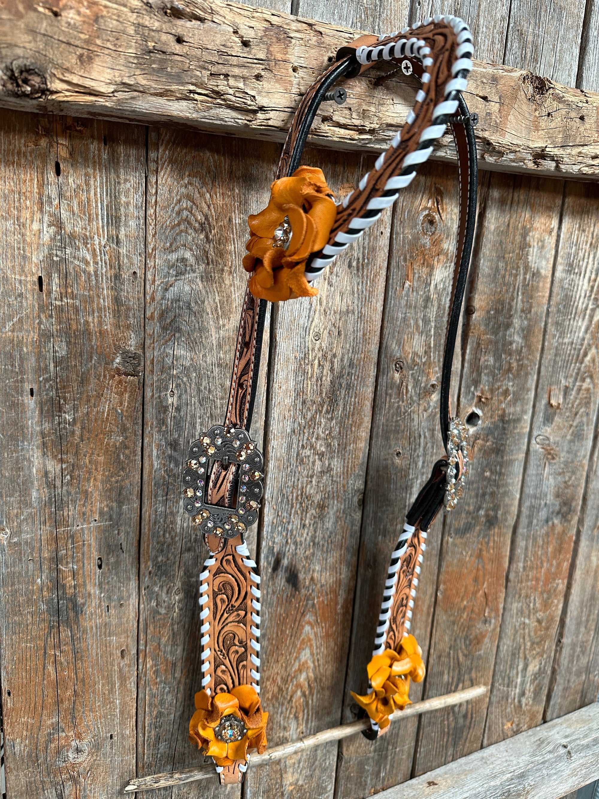Whip Stitch One Ear Headstall / Bridle - Yellow Roses &amp; European Conchos 