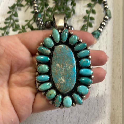 Beautiful Navajo Sterling Silver Beaded Turquoise Necklace With Pendant Signed Ella Peter