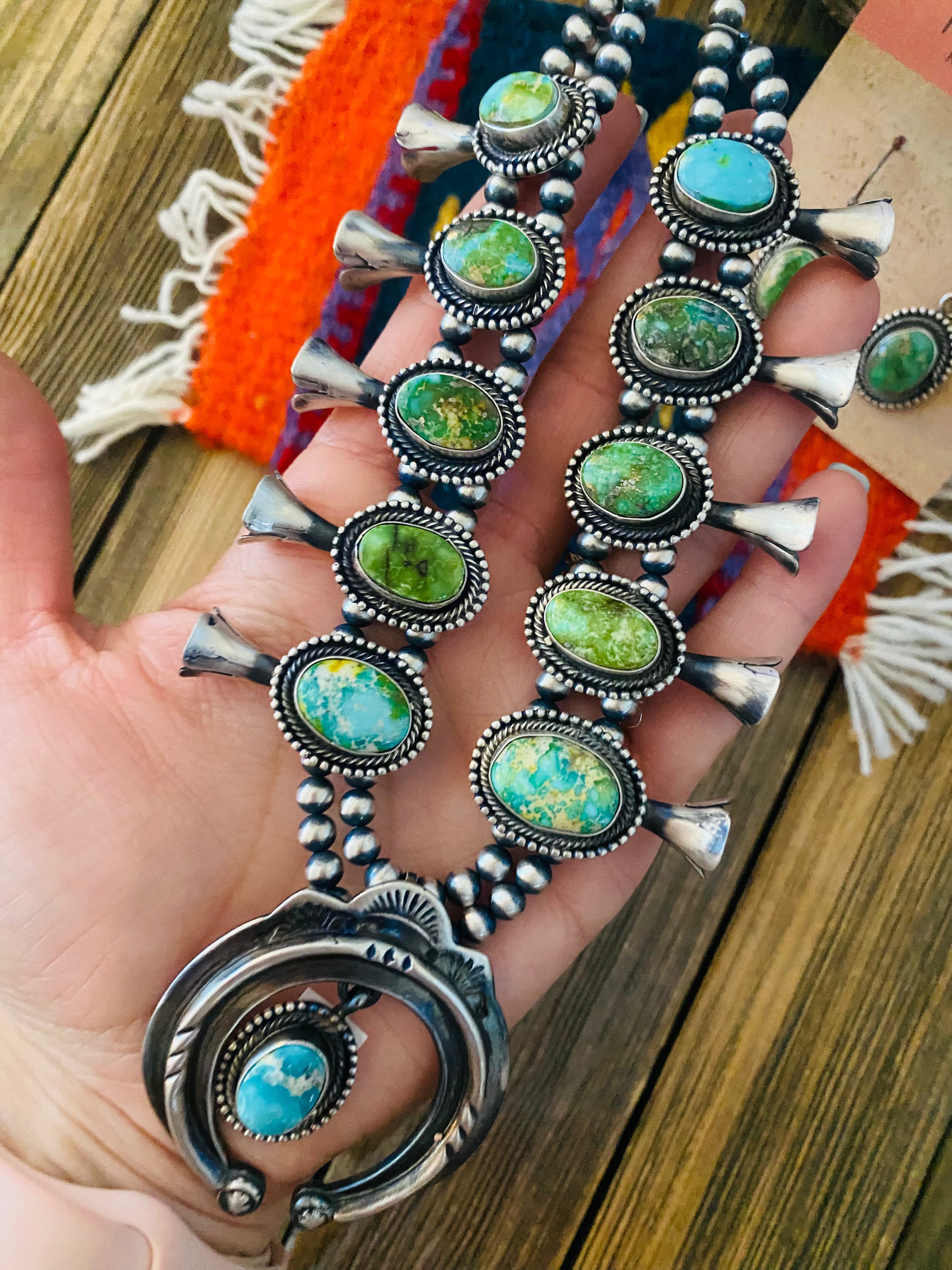 Navajo Sonoran Gold Turquoise Squash Blossom Necklace Set-Unique Jewelry