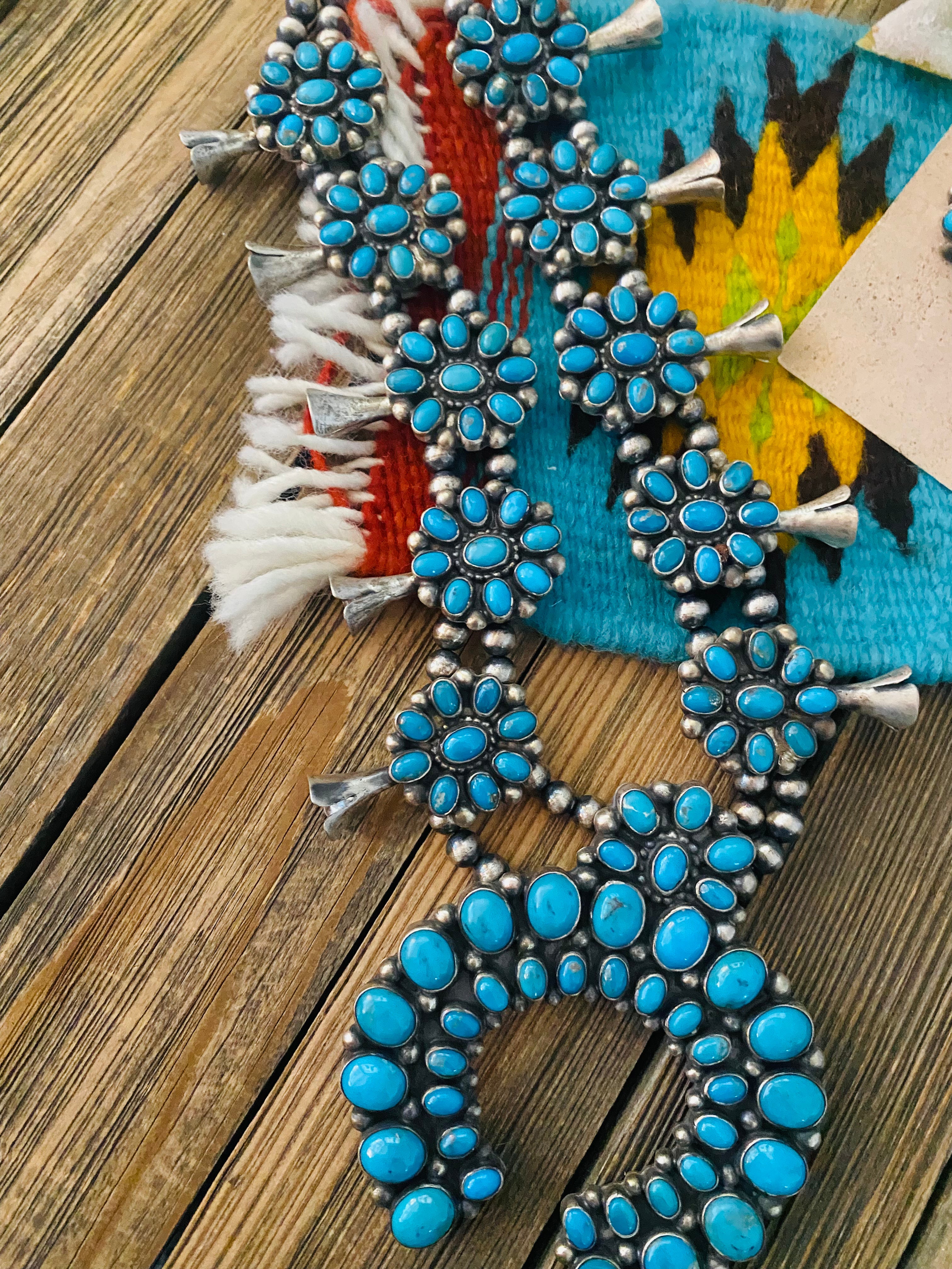 Navajo Sleeping Beauty Turquoise Squash Blossom Necklace Set