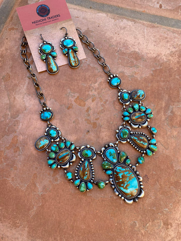 Navajo Sterling Silver, Ribbon and Sonoran Turquoise Necklace and Earring Set by Diane Wylie