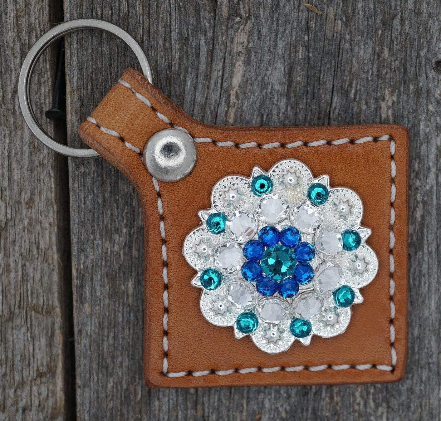 Light Oil Key Chain with Teal European Crystal Concho