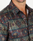Mens Modern Fit Stretch Aztec Foiled Shirt - Brown