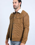 Mens Sherpa Lined Faux Suede Jacket - Camel