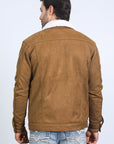 Mens Sherpa Lined Faux Suede Jacket - Camel