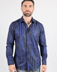 Mens Modern Fit Stretch Foiled Navy Long Sleeve Shirt