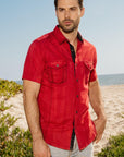Mens Embroidery Modern Fit Stretch Short Sleeve Shirt