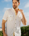 Mens Embroidery Modern Fit Stretch Short Sleeve Shirt