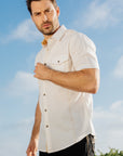 Mens Embroidery Modern Fit Stretch Short Sleeve Shirt