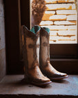 A4744 - WOMEN'S CROSS OVERLAY SAND JUTE WIDE SQUARE TOE COWBOY BOOT