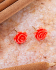 Orange Coral Rose Post Stud Earrings