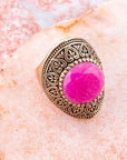 Pink Agate Punch Golden Statement Ring