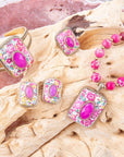 Pink Agate Stacked Stone Floral Cuff Bracelet