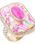 Pink Agate Stacked Stone Floral Golden Statement Ring