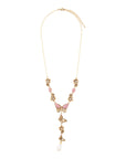 Pink Rhodonite and White Pearl Golden Butterflies Y Necklace