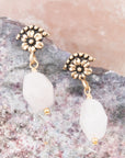 Pink Rose Quartz Golden Floral Drop Earrings