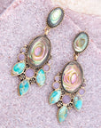 Regal Blue Abalone Mixed Stone Golden Statement Drop Earrings