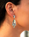 Regal Blue Abalone Mixed Stone Golden Statement Drop Earrings