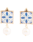 Santorini Dreams Tile Freshwater White Pearl Post Golden Earrings
