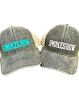 Smokeshow Trucker Hat Distressed Black Embroidered Pink or Aqua