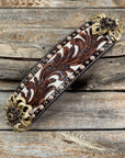 Medium Oil Copper Dot Bronc Noseband with Gold Lotus Flowers - Copper Jet, Champagne and Topaz European Crystal Conchos