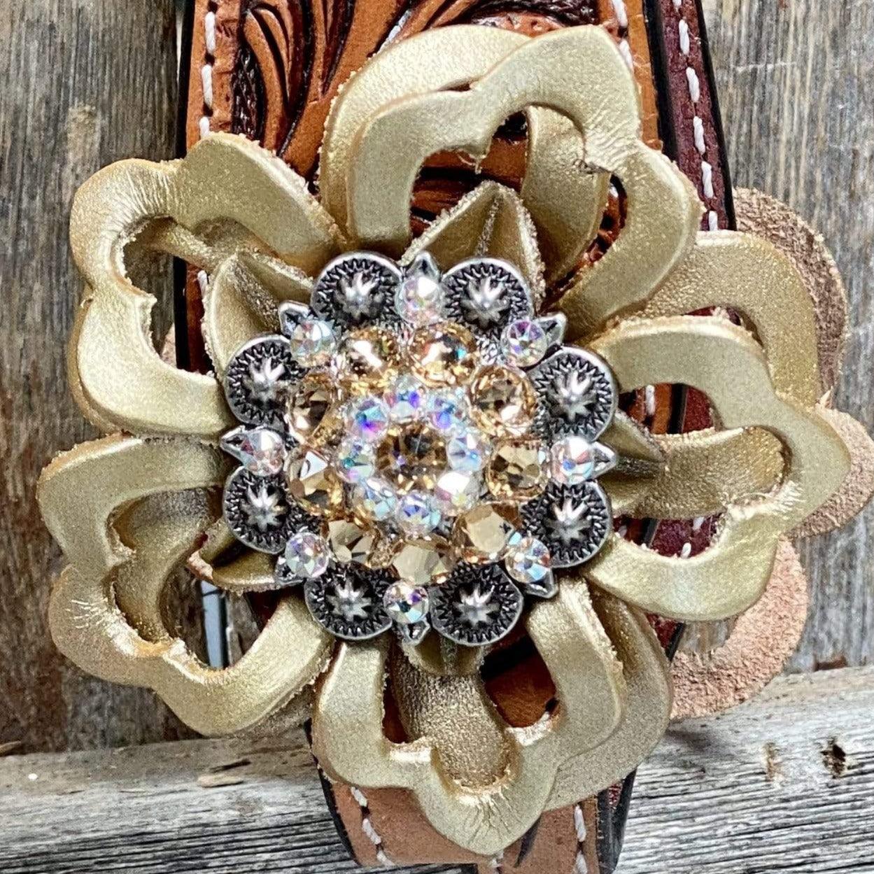 One Ear Headstall / Bridle - Gold Flower &amp; European Crystal Conchos 