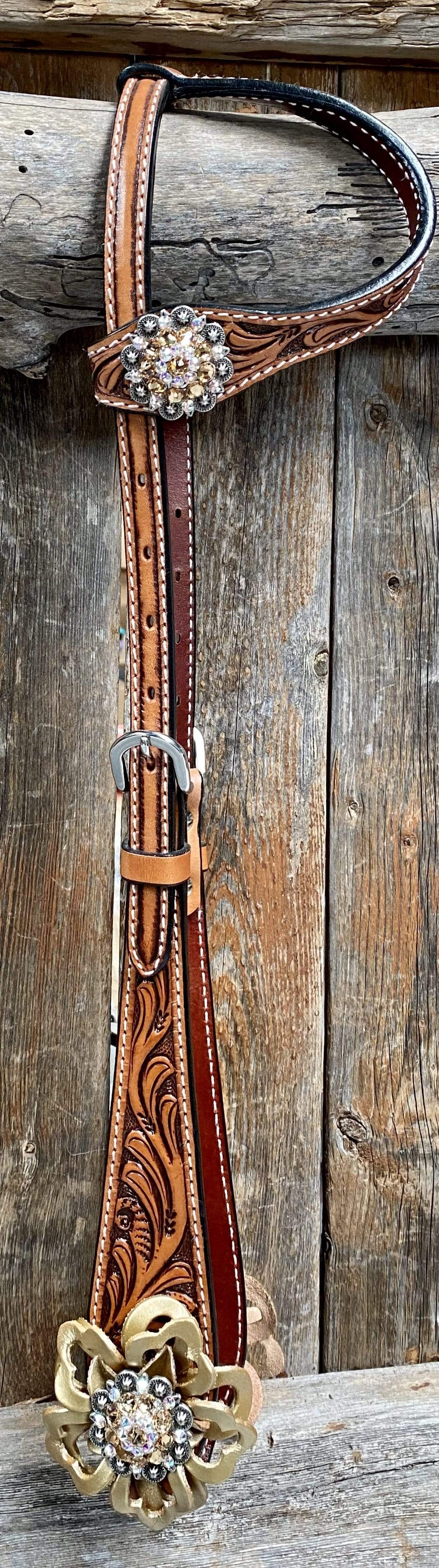 One Ear Headstall / Bridle - Gold Flower &amp; European Crystal Conchos 