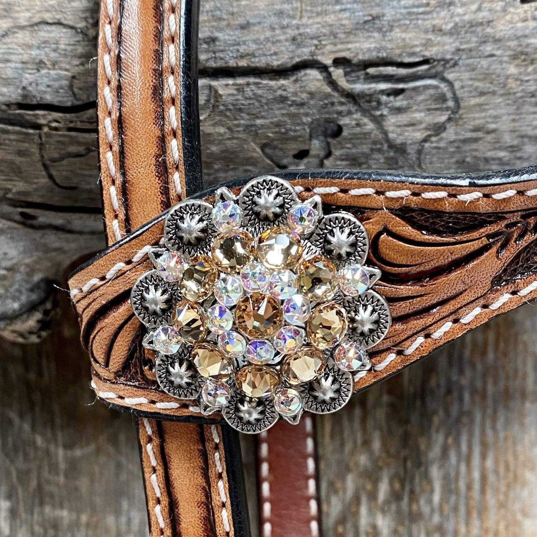 One Ear Headstall / Bridle - Gold Flower &amp; European Crystal Conchos 