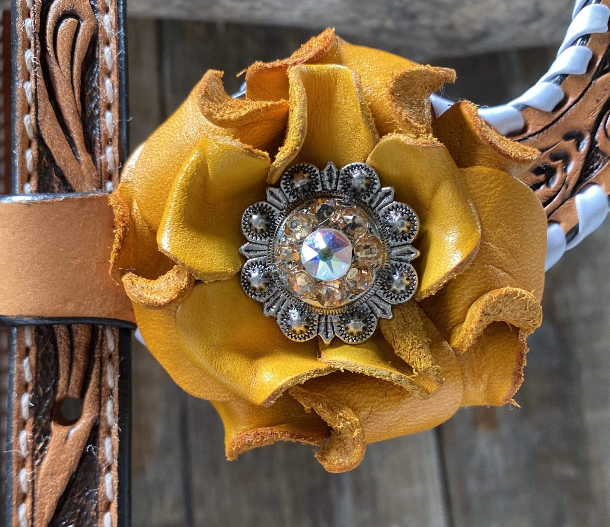 Whip Stitch One Ear Headstall / Bridle - Yellow Roses &amp; European Conchos 