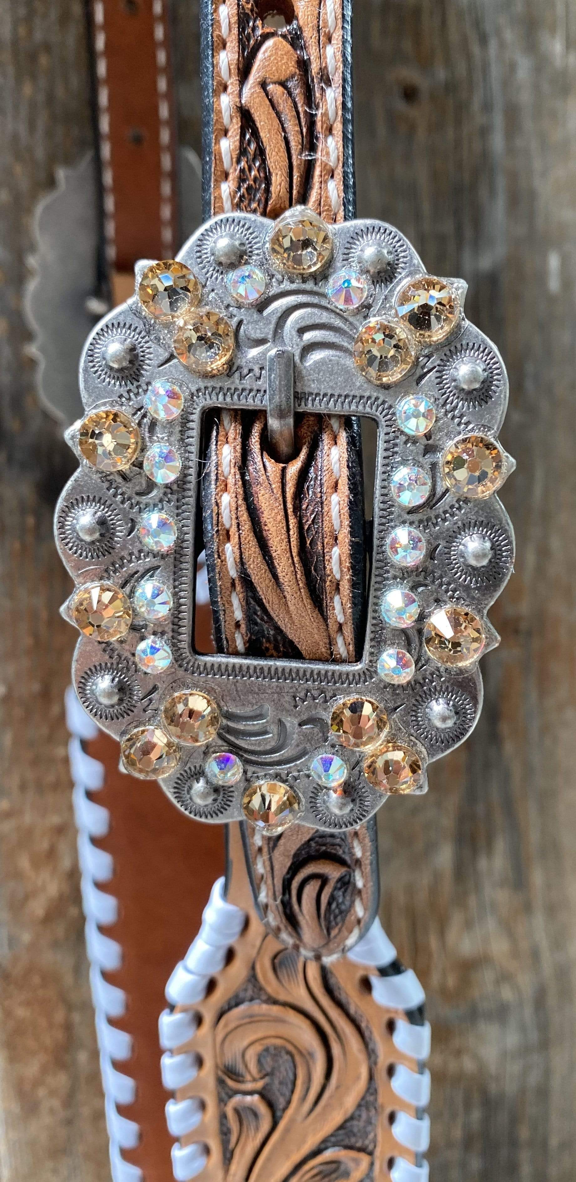 Whip Stitch One Ear Headstall / Bridle - Yellow Roses &amp; European Conchos 