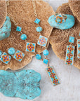 Talavera Tile and Blue Turquoise Golden Dangle Earrings
