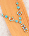 Talavera Tile and Blue Turquoise Golden Y-Neck Necklace