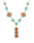Talavera Tile and Blue Turquoise Golden Y-Neck Necklace