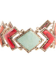 Green Turquoise and Coral Tapestry Golden Link Bracelet