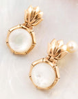 White Mother of Pearl Lotus Post Golden Drop Earrings