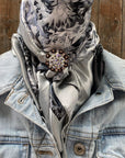 35X35" Silver & White Floral Paisley Wild Rag / Scarf - Copper AB Slide WRC172A