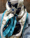35X35" Turquoise Floral Wild Rag / Scarf - Bright Teal, Capri & Clear Slide WRC326A