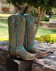 Z5345 - WOMEN'S EMBROIDERY VINTAGE WORN FINISH TURQUOISE SNIP TOE GOAT COWBOY BOOT