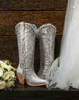 Z5378 - WOMEN'S CRYSTALS AND FALSE PEARLS TALL TOP SILVER POINTED TOE COWBOY BOOT