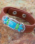 Zion Mixed Blue Turquoise and Lime Green Turquoise Sterling Silver Leather Bracelet